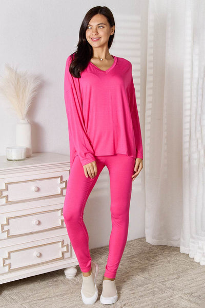 Basic Bae Full Size V-Neck Soft Rayon Long Sleeve Top and Pants Lounge Set - Milan Style 