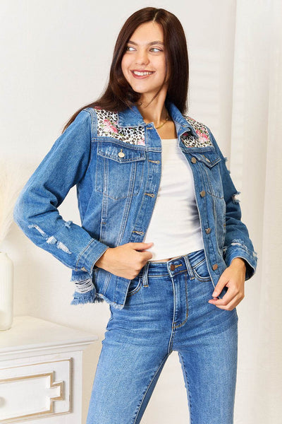 Baeful Leopard Floral Distressed Raw Hem Denim Jacket - Milan Style 