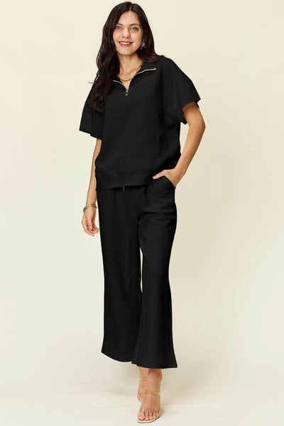 Double Take Full Size Texture Half Zip Short Sleeve Top and Pants Set - Milan Style 