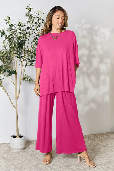 Double Take Full Size Round Neck Slit Top and Pants Set - Milan Style 
